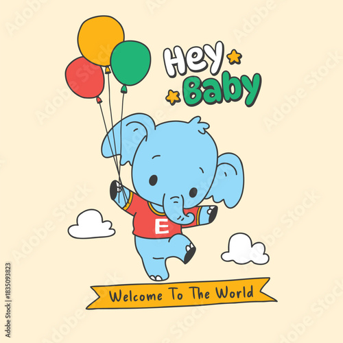 Cute Baby Elephant Floating with Colorful Balloons