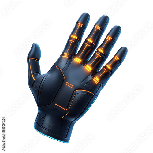 Futuristic Smart Glove with Neon Lights in Dark Matte Finish on Isolated White Background for Sci-Fi Technology 