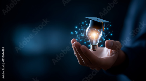 Business hand holding AI light bulb with graduation cap artificial intelligence education interface smart learning visualization online course platform digital transformation