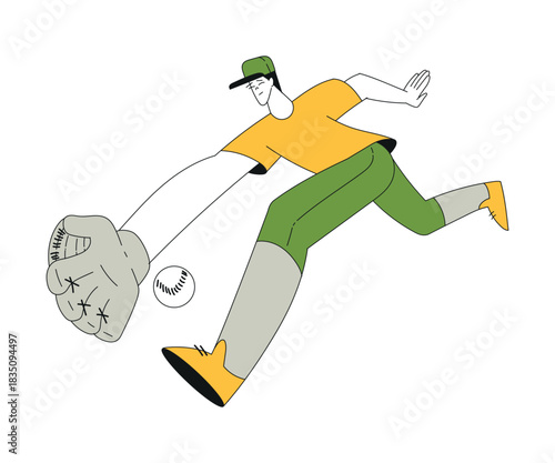 Sport with Man Character Play Baseball Catch Ball with Glove Vector Illustration