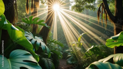 Tropical Jungle Sunrise Video - Dramatic Sunbeams Through Monstera Leaves and Forest Canopy for Nature Documentaries, Environmental Projects, and Meditation Content