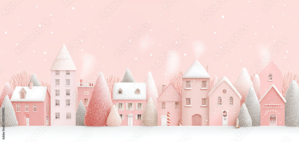 Fototapeta premium Charming Christmas background features whimsical village with pastel pink houses and snow covered trees. serene atmosphere evokes sense of joy and warmth during holiday season