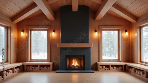 Cozy Winter Cabin Interior Video - Modern Fireplace and Wooden Architecture for Real Estate Marketing, Hospitality Promotions, and Luxury Lifestyle Content