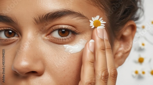 Applying organic cosmetics for glowing skin a close-up in a natural setting