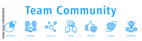 Team community icon vector concept featuring collaboration, support, communication, kindness, reliability, and group harmony.