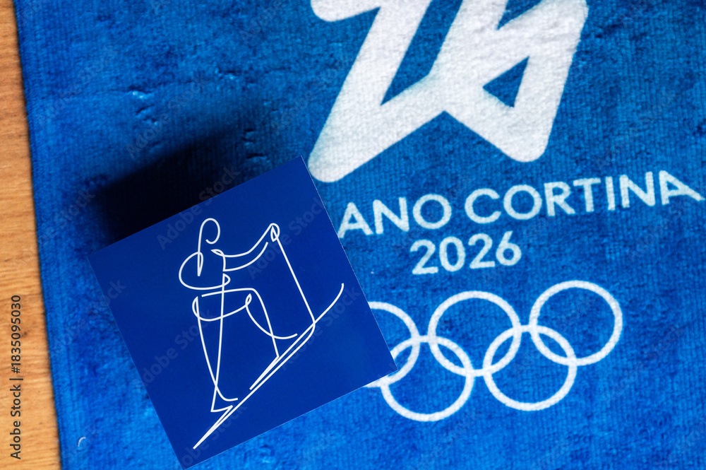 Fototapeta premium Ski mountaineering Milan Cortina 2026 Winter Olympics Wallpaper, Blue Logo and Pictogram Design for the Winter Games