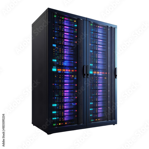 Server rack cabinet with illuminated network equipment isolated on Transparent Background