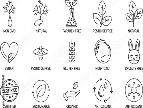Natural Organic Product Ingredient Certifications Icons Set including Vegan Cruelty Free and Gluten Free