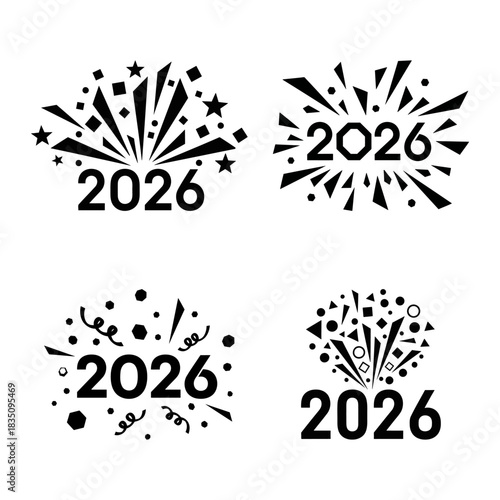 Set of 2026 New Year silhouettes with fireworks burst minimal festive holiday line icons