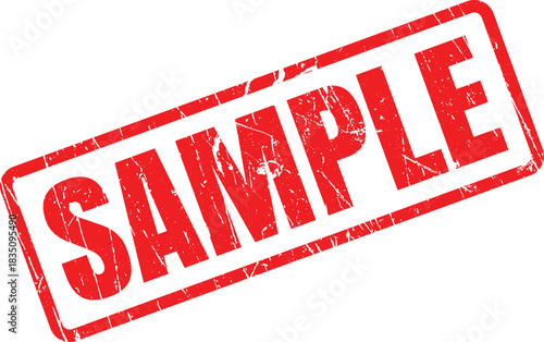 A textured red sample stamp with grunge details is tilted on a white background