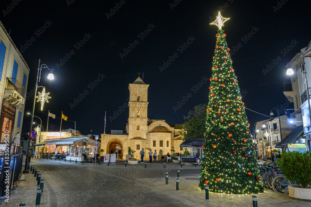Obraz premium Christmas tree and Holy Church of Saint Lazarus in Larnaca, Cyprus