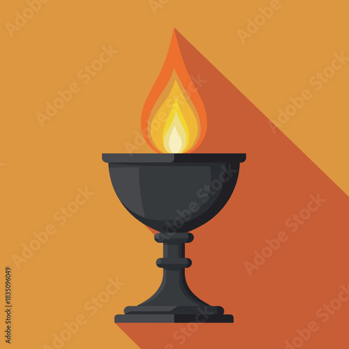 Burning flame shown in chalice on background with long shadow. Burning flame symbolises hope, inspiration, and energy. Conceptual burning flame perfect for website icon, motivational poster,