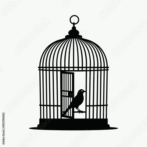 Birdcage silhouette with bird inside, capturing a poignant image of confinement. Birdcage symbolizes captivity, yet also represents hope for freedom. Dramatic birdcage silhouette,
