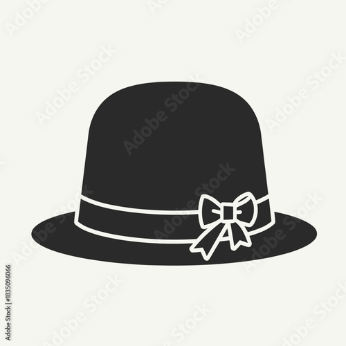Black bowler hat silhouette in minimalist style isolated on light background. Stylish bowler hat in retro shape with small bow design.