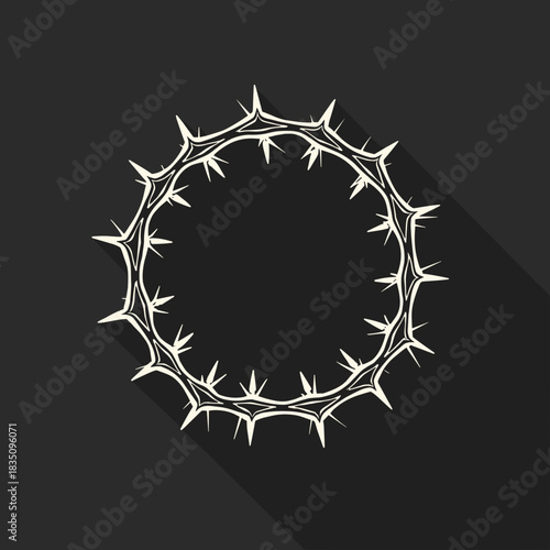 Sharp crown of thorns on dark background, depicted with clear lines and shading. Crown of thorns symbolizes sacrifice and suffering, reflecting religious symbolism and deep faith.