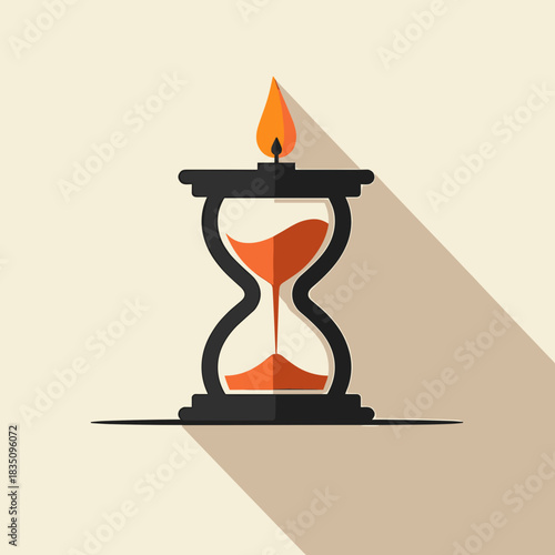 Hourglass illustration combined with lit candle symbolizes time, portraying hourglass with burning flame. Decorative hourglass illustration is concept of ephemeral beauty and the passage of time.