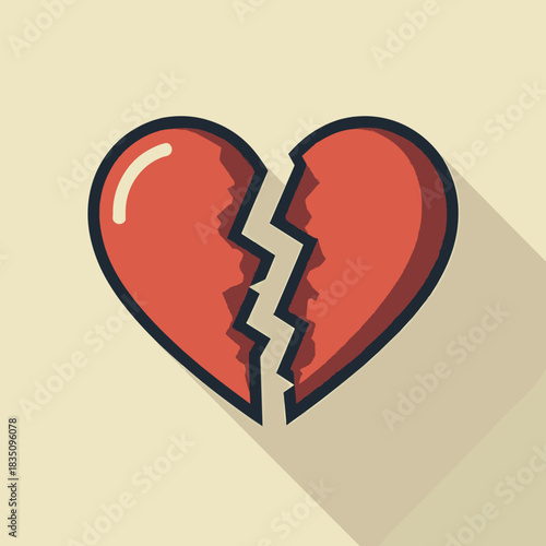 Isolated broken heart, red-colored and expressing pain and loss on beige background. Broken heart symbolizes separation, divorce, sorrow, and loneliness. Concept broken heart as a metaphor for grief.