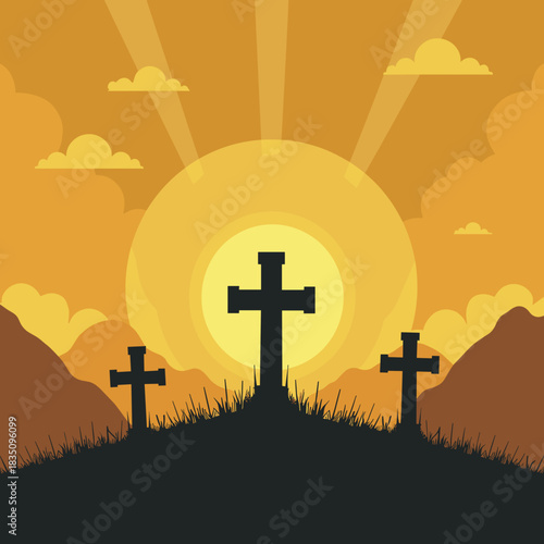 Easter background showing three crosses silhouetted against warm sunrise, offering a symbol of hope and faith. Easter background conveys religious symbolism.
