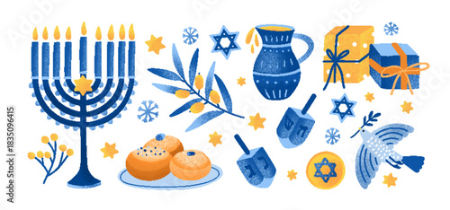 Hanukkah festival symbols set. Menorah candles, David star, dreidels, dove, festive gifts and coins. Traditional Jewish holiday design elements. Flat vector illustration isolated on white background