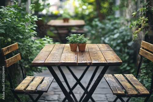 Charming vintage outdoor wooden coffee table set in a lush cafe garden, inviting guests to relax in a green oasis during the warm afternoon