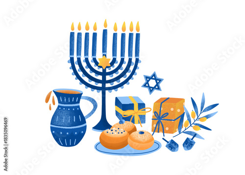 Hanukkah festive composition with menorah candles, dreidel, donuts, holiday gifts. Traditional Jewish religious Hanuka festival celebration. Flat vector illustration isolated on white background