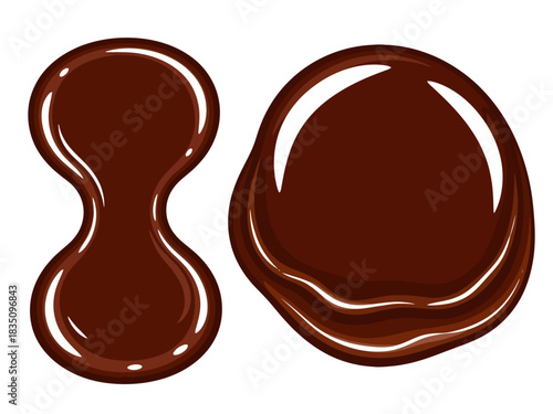 Two glossy dollops of rich melted chocolate, one shaped like a sleek hourglass and the other a round puddle, shimmer with bright white reflections against a clean background