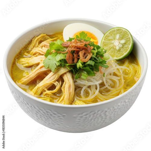 Authentic indonesian soto ayam chicken noodle soup in a bowl on transparent background