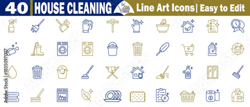 Forty house cleaning line art icons. Easy to edit with spray mop bucket sign vector illustration. 