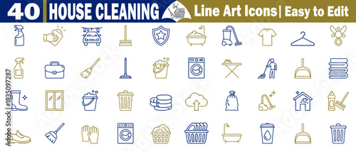 Forty house cleaning line art icons. Easy to edit with spray broom vacuum sign vector illustration.