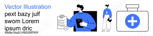 Healthcare services, digital consultations, medical assistance, diagnosis, clinical care, patient support. Characters holding lists and devices alongside a medical container. Healthcare services