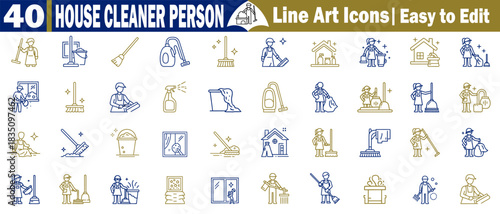 House cleaner person line art icons. Easy to edit vector set for graphic design illustration. 