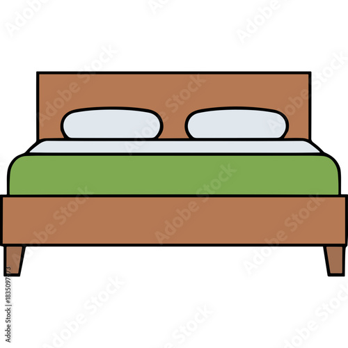 Simple Bed With Two Pillows And Green Blanket On A Black Background Minimalist Style Illustration