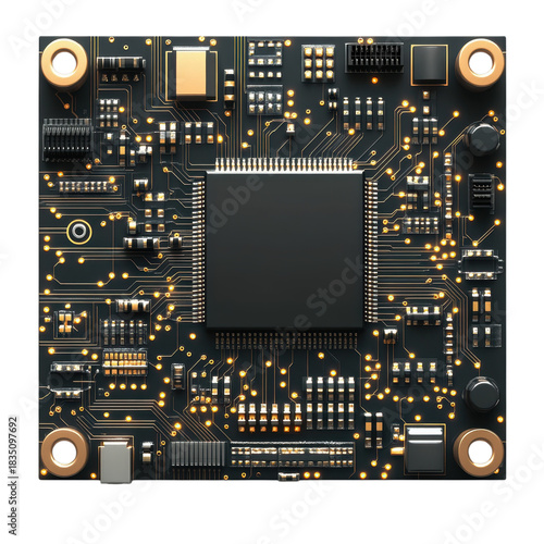 Microchip circuit board with electronic components for technology and hardware design, on transparent background