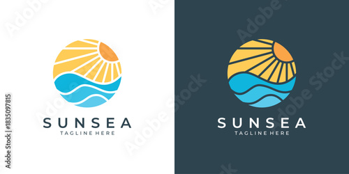 Sunset and sea wave logo design