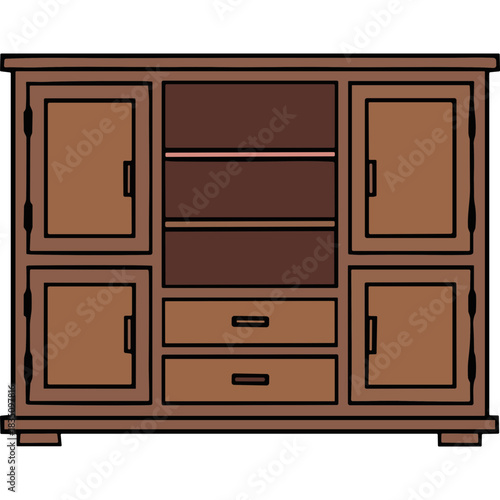 Rustic Wooden Cabinet With Multiple Shelves Drawers And Doors A Vintage Furniture Piece With Natural Wood Tones And Simple Design Rendered In A Hand Drawn Style