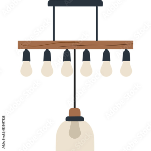 Rustic Farmhouse Chandelier With Six Edison Bulbs And One Large Frosted Glass Pendant Light Fixture With Dark Wood Beam And Black Metal Accents Illuminated Warmly