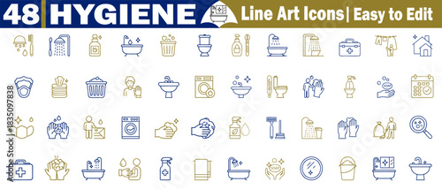 Hygiene line art icons. Easy to edit vector illustration for health care and personal cleaning elements. 