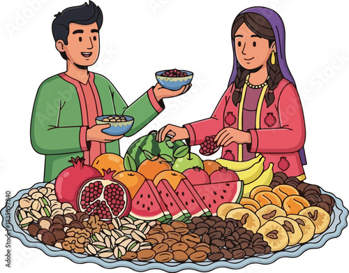 Couple celebrating nowruz with traditional fruits and nuts.