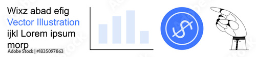 Data analysis, finance, investment, economic growth, marketing strategy, business presentation. Minimalist bar chart, dollar symbol and hand gesture pointing to elements. Finance and data analysis