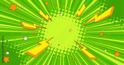 Green comic sunburst background with yellow lightning bolts and stars - retro pop art radial rays texture. Cartoon explosion pattern in vibrant colors, halftone dots on dynamic burst composition.