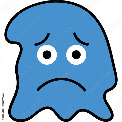Sad Blue Blob Ghost Character with Large White Eyes and Drooping Mouth on Black Background Minimalist Flat Design