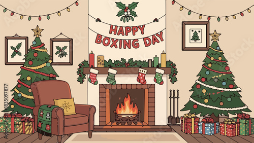Happy boxing day living room with fireplace and festive decorations.