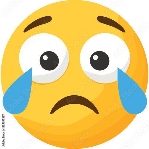 Sad Yellow Face Emoji With Big White Eyes And Blue Tears Crying Heavily Against A Plain White Background Expressing Sadness And Grief With A Small Curved Mouth Showing Distress And Disappointment