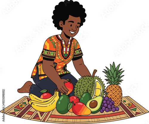 Young man in dashiki arranging tropical fruits on a mat.