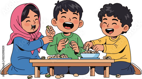 Happy children enjoying pistachio nuts snack time illustration.