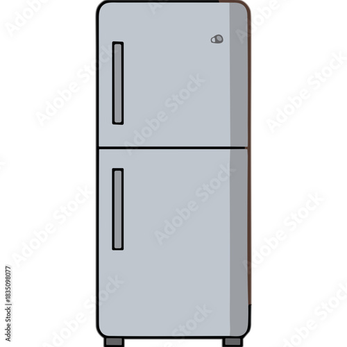 Silver Two Door Refrigerator Freezer Appliance with Silver Handles and Black Legs Isolated on a Black Background