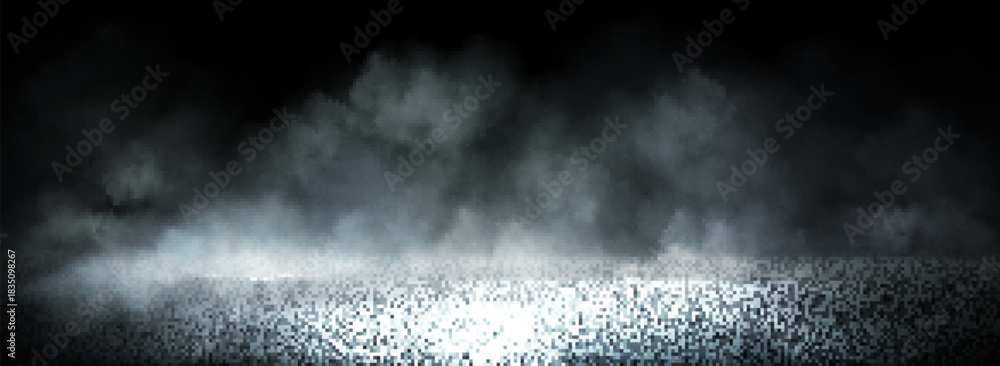 Fototapeta premium Wet asphalt road with neon blue light and smoke on dark night background. Empty street scene with fog, reflection and spotlight effect. Realistic vector atmospheric racing highway with misty texture.