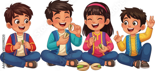 Happy children sitting and eating pistachios.