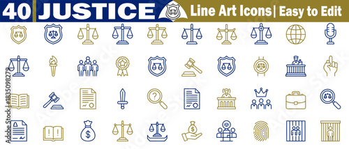 Law and justice line art icons containing scales, shield, book, hammer, document, and imprisonment cells vector illustration. 