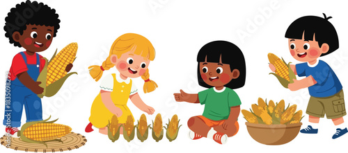 Cute multicultural children playing with ears of corn harvest.
